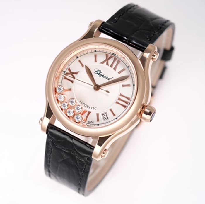 Top collectible watches Chopard Women's White Plate Black Strap Happy Diamonds Collection Front View