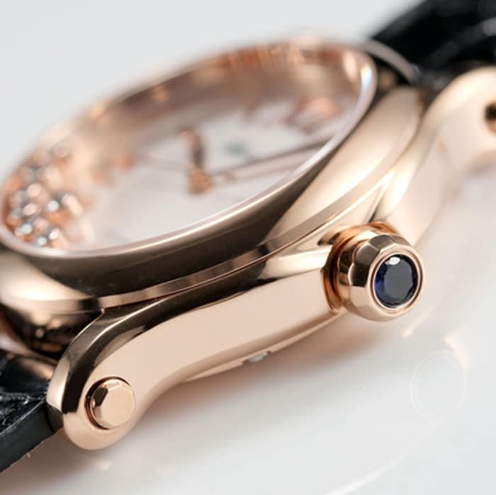 Top collectible watches Chopard Women's White Plate Black Strap Happy Diamonds Collection Side View