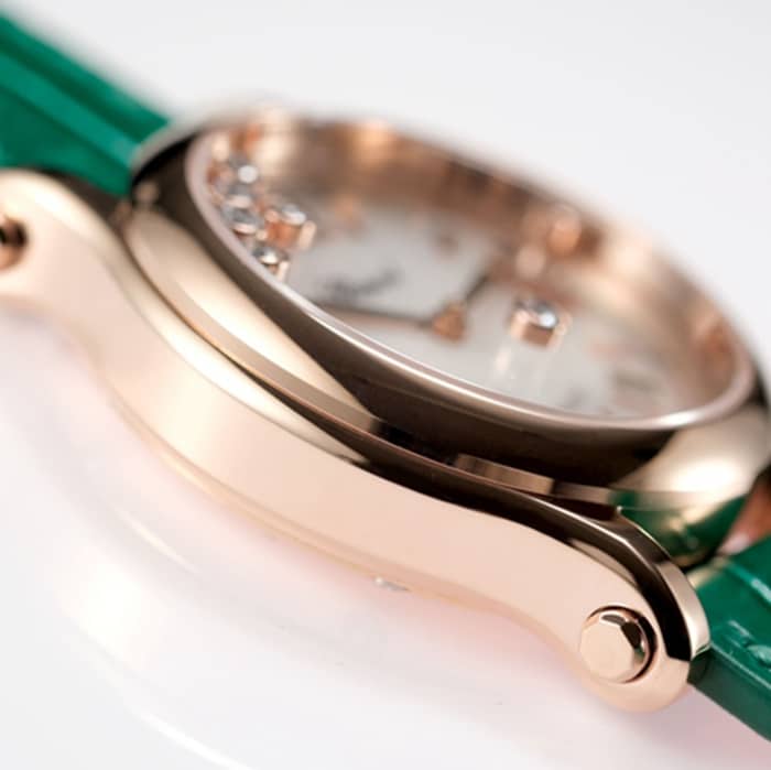Top-tier watch Chopard women's white dial green strap happy diamond HAPPY DIAMONDS series watch side view