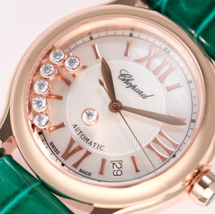 top-tier watch Chopard women's white dial green strap happy diamond HAPPY DIAMONDS series watch front view