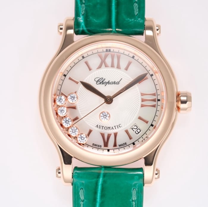 top-tier watch Chopard women's white dial green strap happy diamond HAPPY DIAMONDS series watch front view
