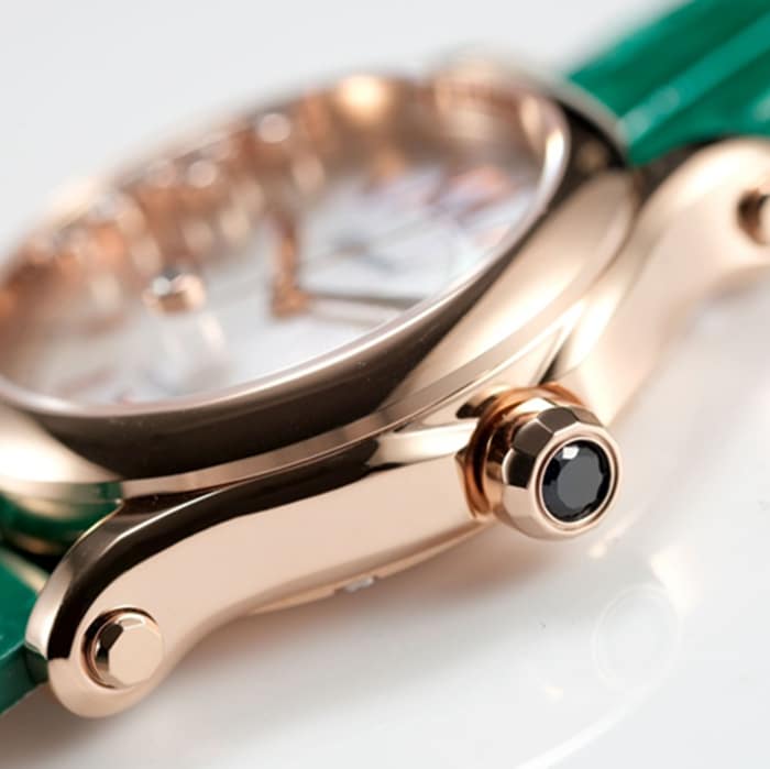 Top-tier watch Chopard women's white dial green strap happy diamond HAPPY DIAMONDS series watch side view