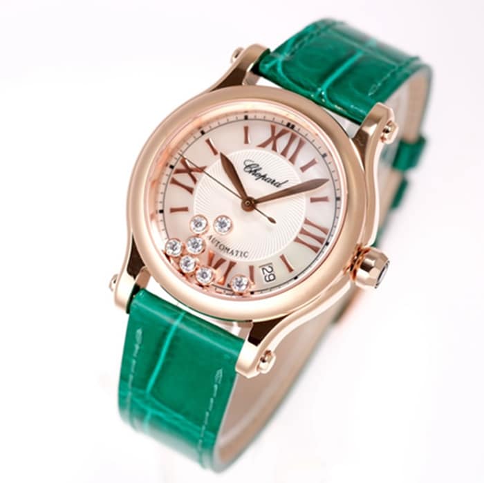 top-tier watch Chopard women's white dial green strap happy diamond HAPPY DIAMONDS series watch front view