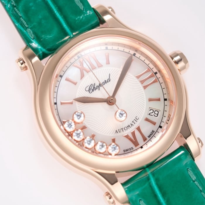 top-tier watch Chopard women's white dial green strap happy diamond HAPPY DIAMONDS series watch front view