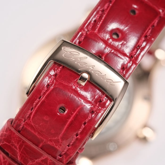 Top-tier watch Chopard women's white dial red band happy diamond series leather strap watch clasp picture