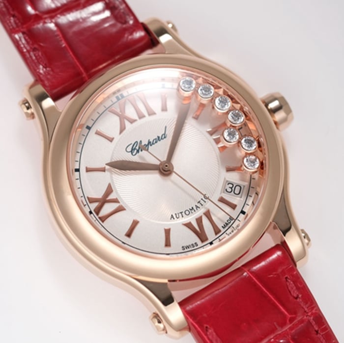 top-tier watch Chopard women's white dial red band happy diamond series leather strap watch front view