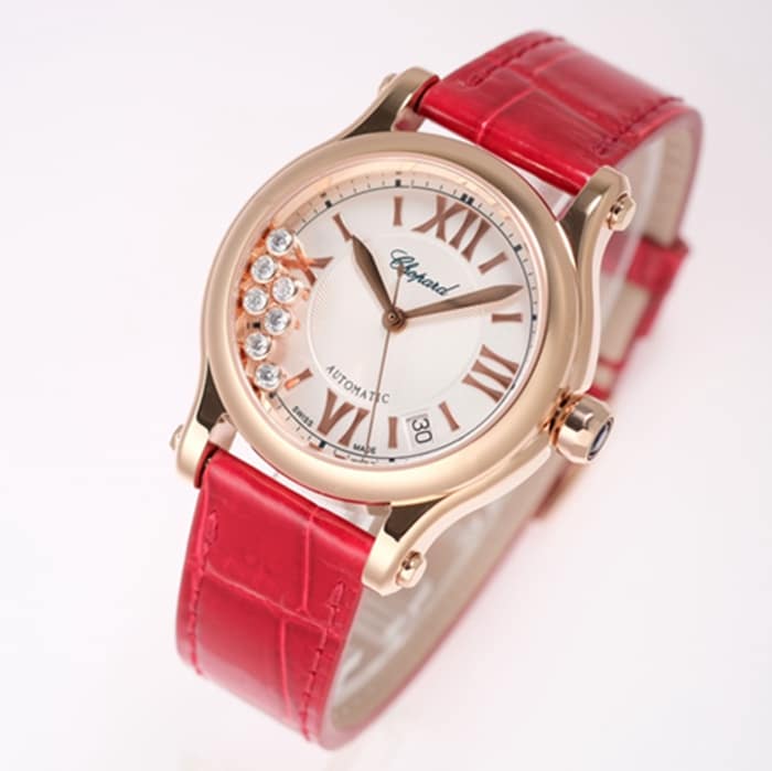 top-tier watch Chopard women's white dial red band happy diamond series leather strap watch front view