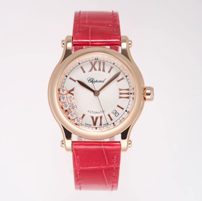 top-tier watch Chopard women's white dial red band happy diamond series leather strap watch front view