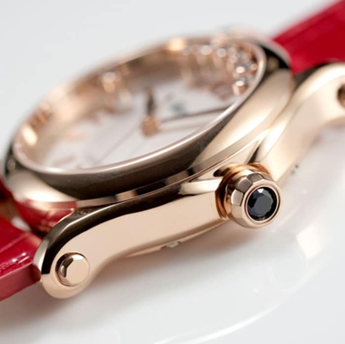 Top-tier watch Chopard women's white dial red band happy diamond series leather strap watch side view