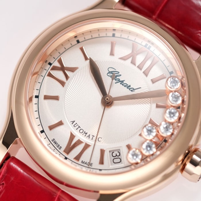 top-tier watch Chopard women's white dial red band happy diamond series leather strap watch front view