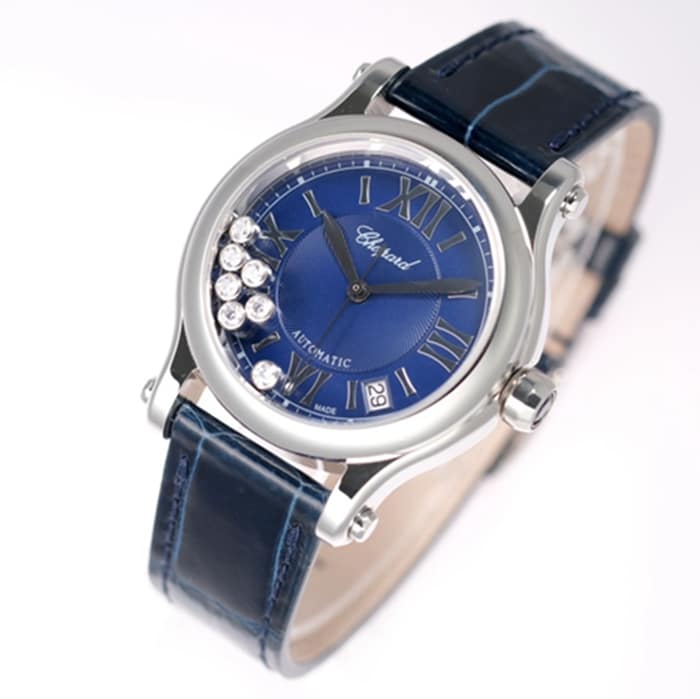 top-tier watch Chopard women's blue dial blue belt happy diamond series watch front view