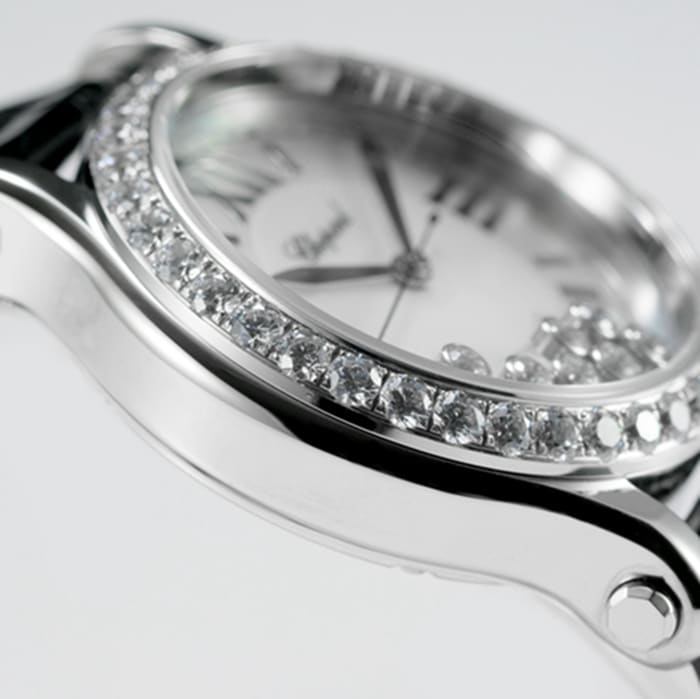 top-tier watch Chopard women's white dial black belt Happy Diamonds series watch side view