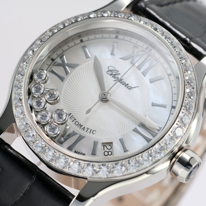 top-tier watch Chopard women's white dial black belt Happy Diamonds series watch front view