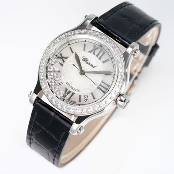 top-tier watch Chopard women's white dial black belt Happy Diamonds series watch front view