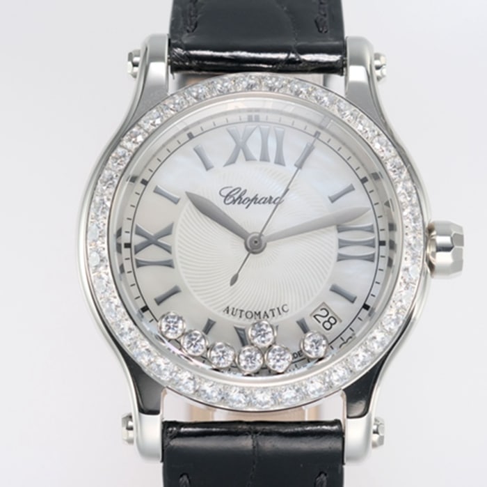 top-tier watch Chopard women's white dial black belt Happy Diamonds series watch front view