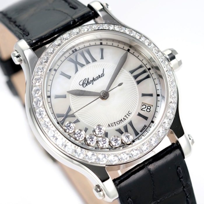 top-tier watch Chopard women's white dial black belt Happy Diamonds series watch front view