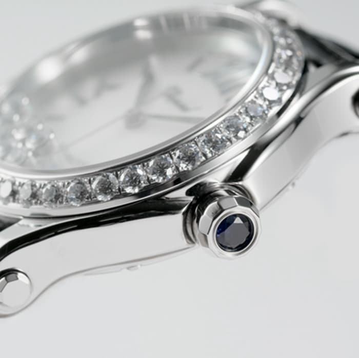 top-tier watch Chopard women's white dial black belt Happy Diamonds series watch side view
