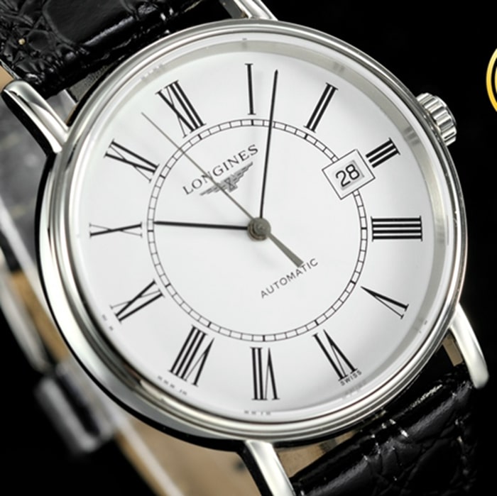Top-tier watch Longines men's white dial black belt Rosewood series 40mm mechanical leather strap watch front view