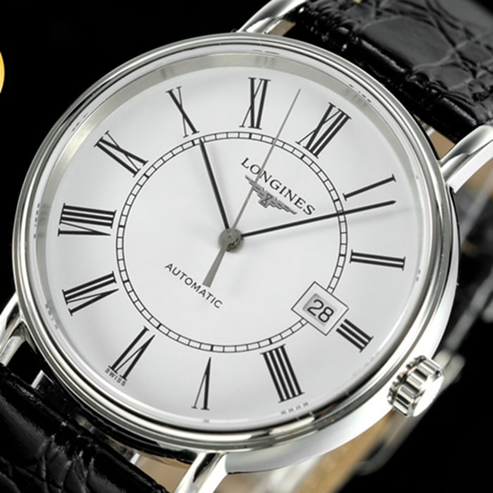 Top-tier watch Longines men's white dial black belt Rosewood series 40mm mechanical leather strap watch front view