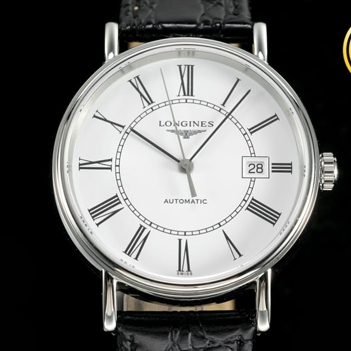 Top-tier watch Longines men's white dial black belt Rosewood series 40mm mechanical leather strap watch front view