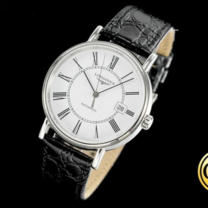 Top-tier watch Longines men's white dial black belt Rosewood series 40mm mechanical leather strap watch front view