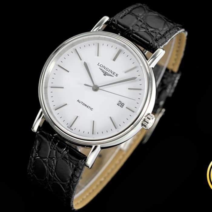 top-tier watch Longines men's white dial black belt magnificent series leather strap watch front view