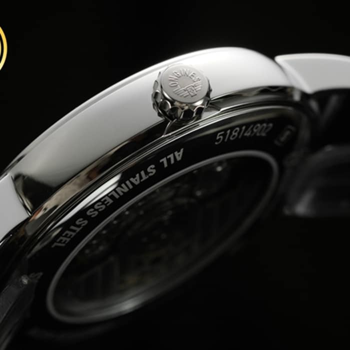 top-tier watch Longines men's white dial black belt magnificent series leather strap watch side view