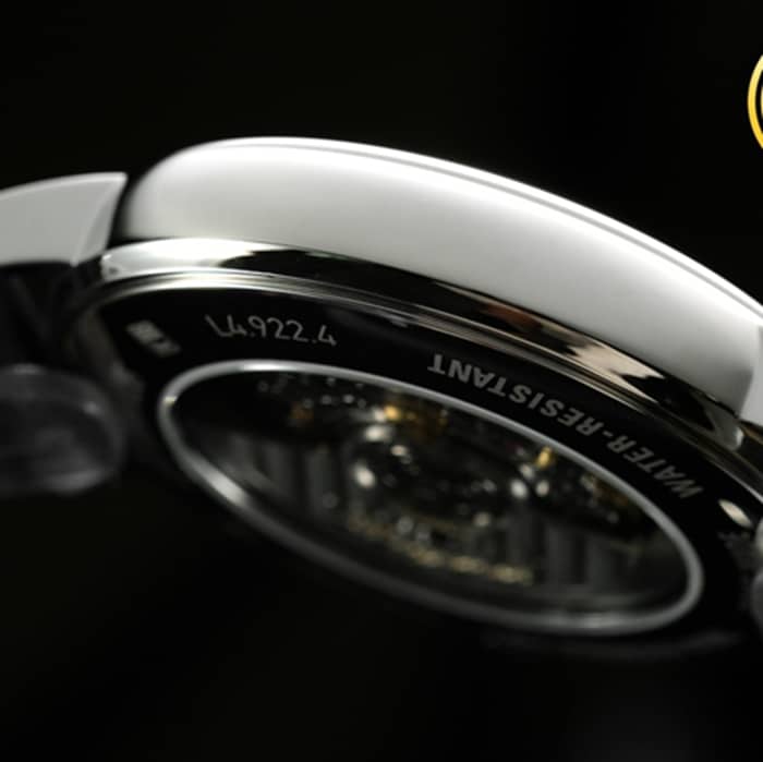 top-tier watch Longines men's white dial black belt magnificent series leather strap watch side view