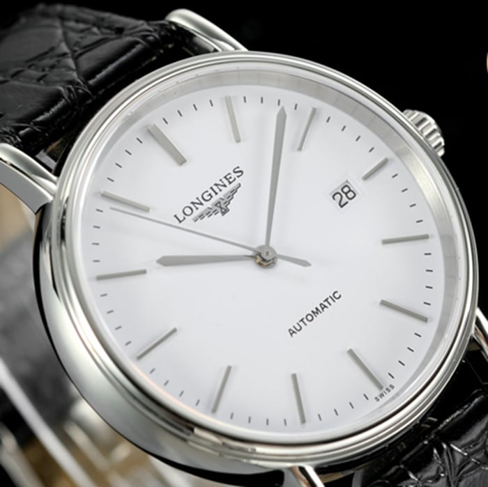 top-tier watch Longines men's white dial black belt magnificent series leather strap watch front view