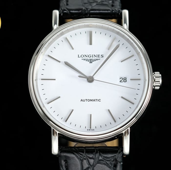 top-tier watch Longines men's white dial black belt magnificent series leather strap watch front view