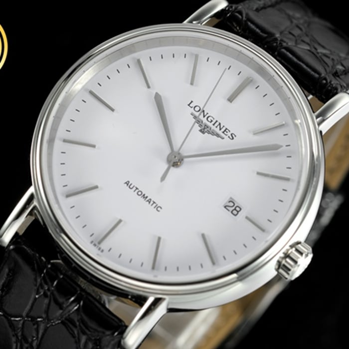 top-tier watch Longines men's white dial black belt magnificent series leather strap watch front view