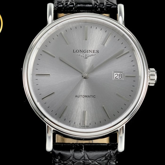 top-tier watch Longines men's gray plate black belt magnificent leather strap watch front view