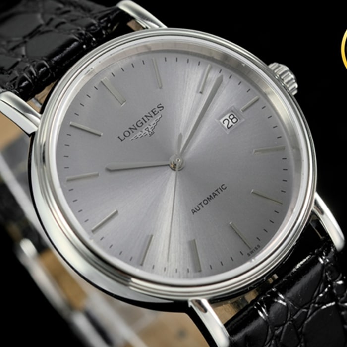 top-tier watch Longines men's gray plate black belt magnificent leather strap watch front view