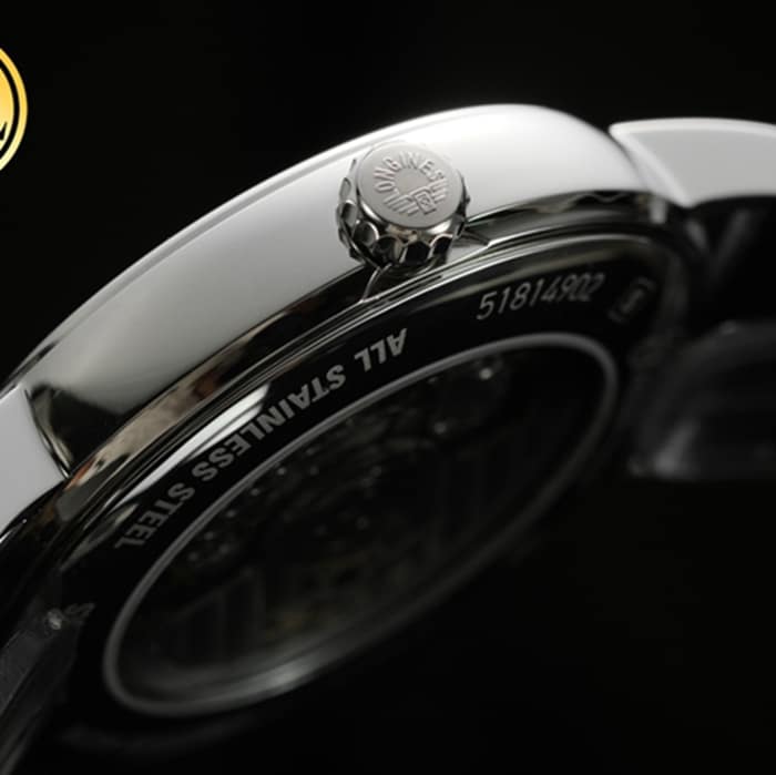 top-tier watch Longines men's gray plate black belt magnificent leather strap watch side view