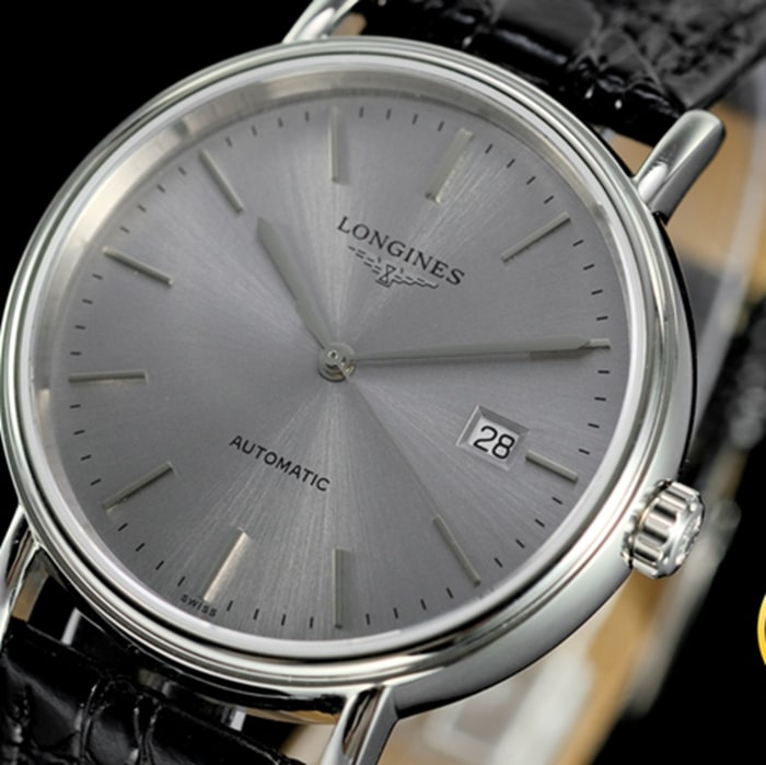 top-tier watch Longines men's gray plate black belt magnificent leather strap watch front view