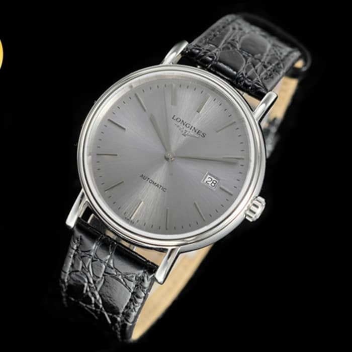 top-tier watch Longines men's gray plate black belt magnificent leather strap watch front view
