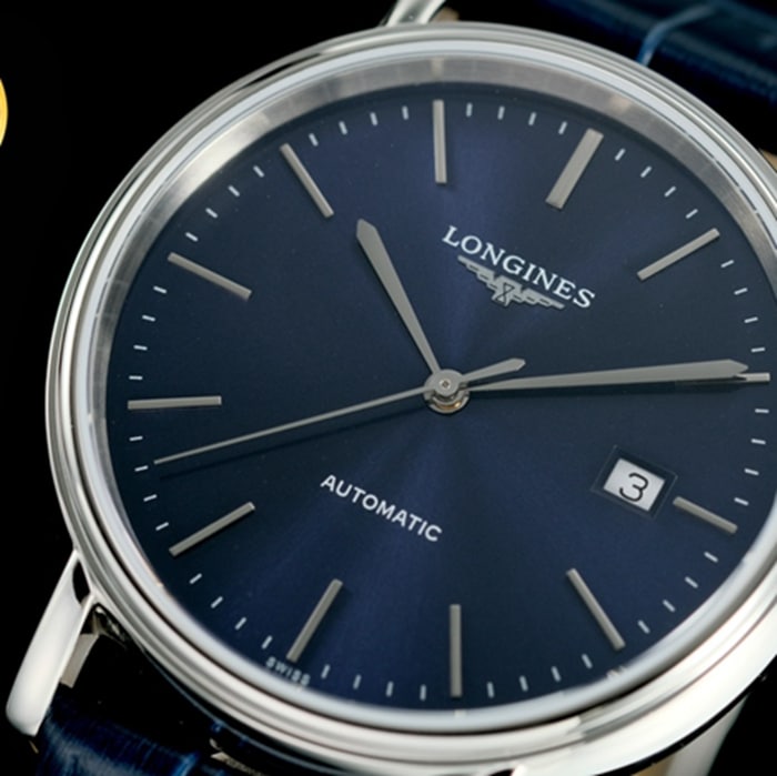 Top collectible watches Longines Men's Blue Plate Blue Strap CURLY Series Belt Watch Front View