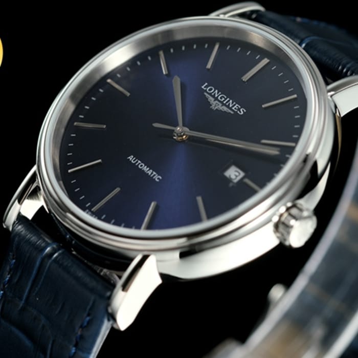 Top collectible watches Longines Men's Blue Plate Blue Strap CURLY Series Belt Watch Front View