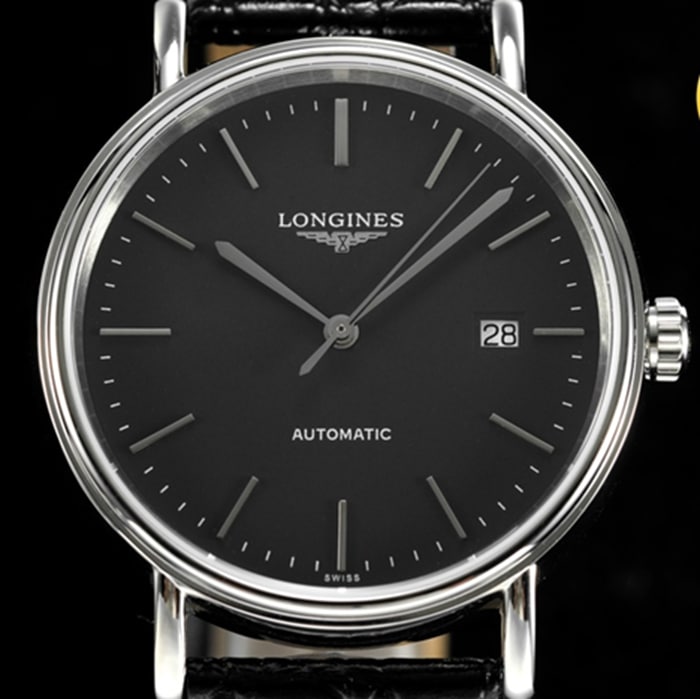top-tier watch Longines men's black dial black belt magnificent series watch front view
