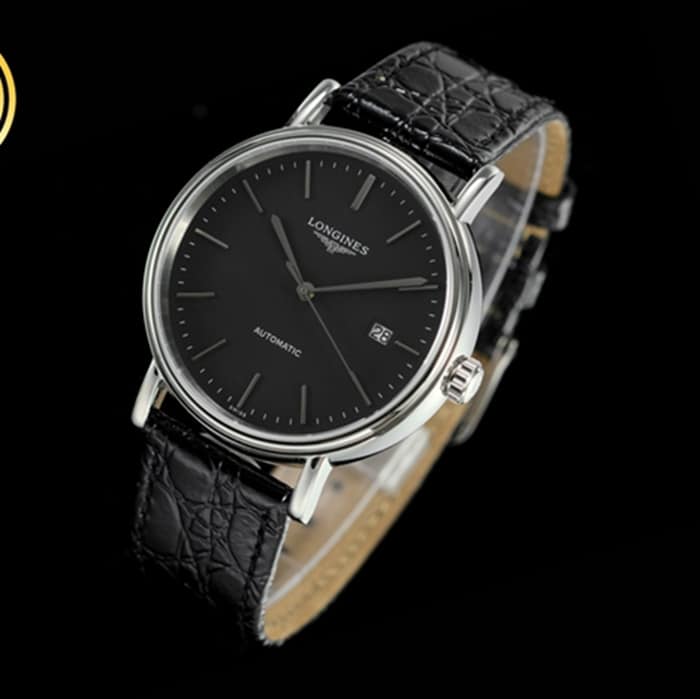top-tier watch Longines men's black dial black belt magnificent series watch front view