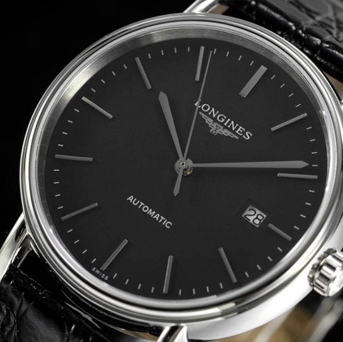 top-tier watch Longines men's black dial black belt magnificent series watch front view