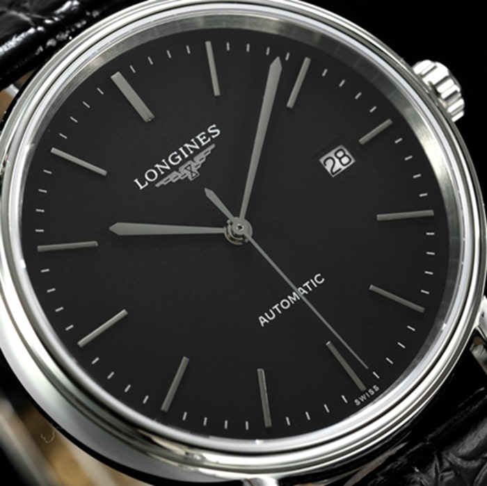 top-tier watch Longines men's black dial black belt magnificent series watch front view