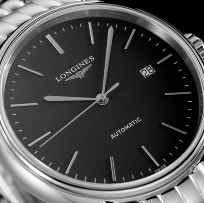 top-tier watch Longines men's black dialsteel bracelet magnificent series watch front view