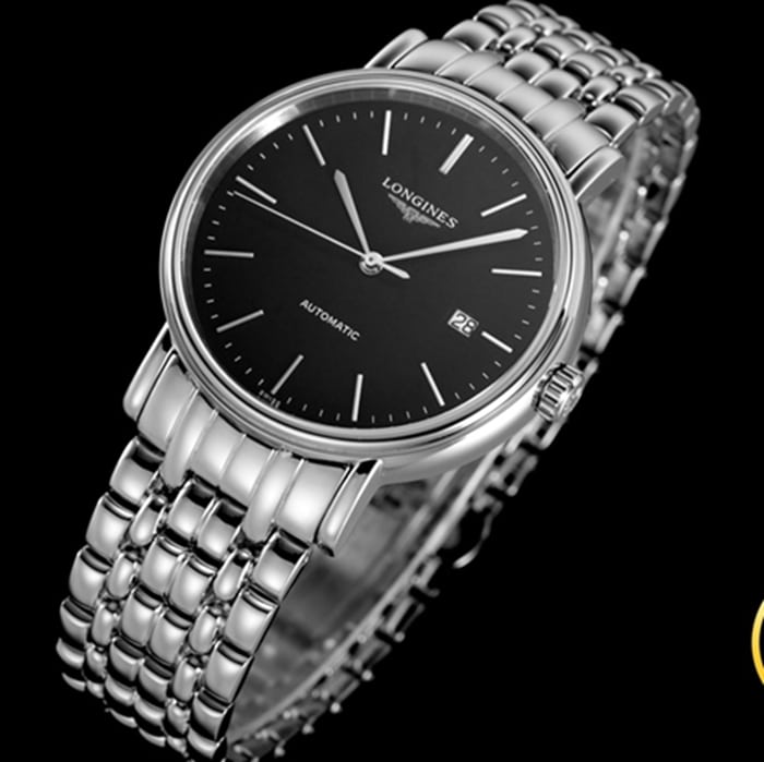 top-tier watch Longines men's black dialsteel bracelet magnificent series watch front view