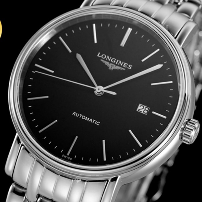 top-tier watch Longines men's black dialsteel bracelet magnificent series watch front view