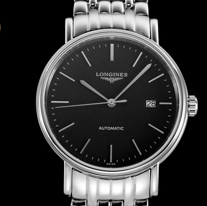top-tier watch Longines men's black dialsteel bracelet magnificent series watch front view