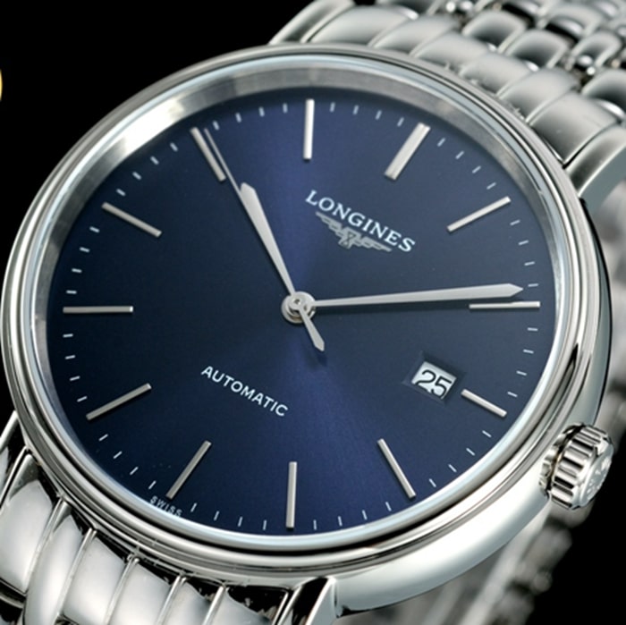 top-tier watch Longines men's blue dialsteel bracelet magnificent series watch front view