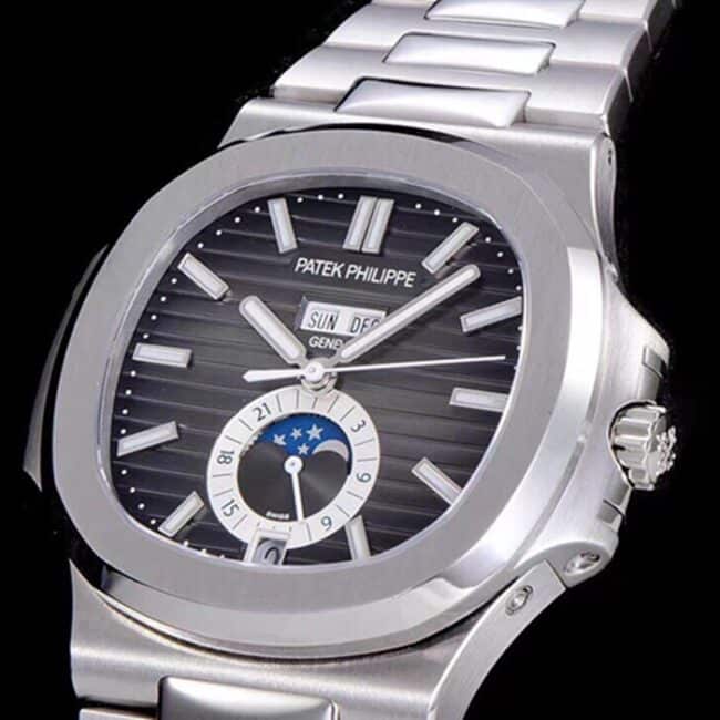 top-tier watch Patek Philippe men's black dial white steel bracelet5726 series watch front view