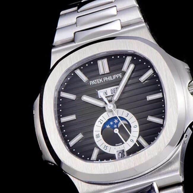 top-tier watch Patek Philippe men's black dial white steel bracelet5726 series watch front view