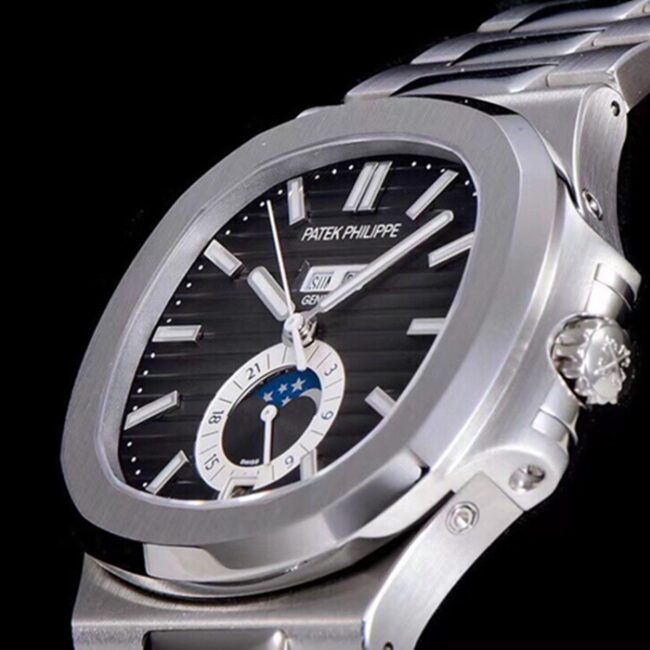 top-tier watch Patek Philippe men's black dial white steel bracelet5726 series watch side view